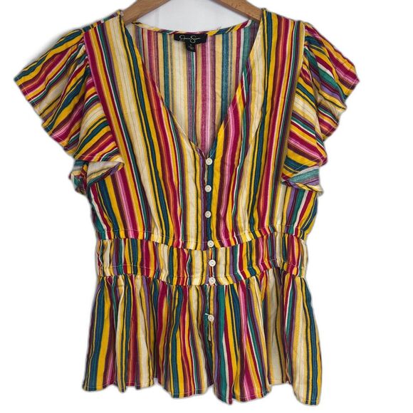Jessica Simpson Rainbow Striped Flutter Sleeve Peplum Vneck Top Size Small - Picture 1 of 8